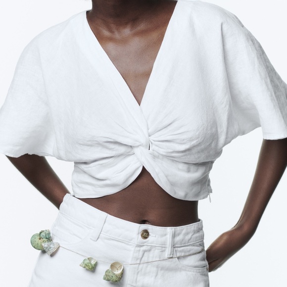 ZARA White Cropped Tie Front Blouse - Picture 5 of 9